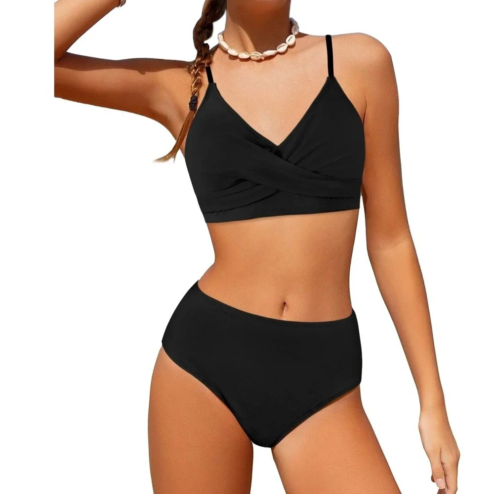 Black Wrap Front High Waisted Bikini Set Two Piece Swimsuit Size 15-16Y